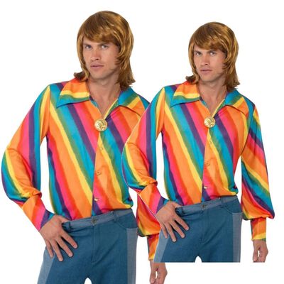 Arcobaleno Disco Camicia Uomo 1970s Disco Groovy Hippie Camicia Costume