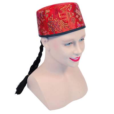 Red Fabric Chinese Mandarin Hat with Pigtail Plait Red Fabric Chinese Mandarin Hat with Pigtail Plait