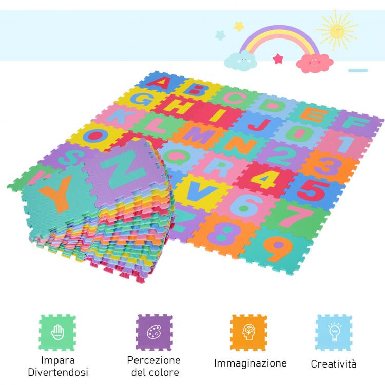 TAPPETO PUZZLE BAMBINI 36PZ GIOCO TAPPETINO MORBIDO NUMER LETTERE ALFABETO GOMMA - Immagine 3