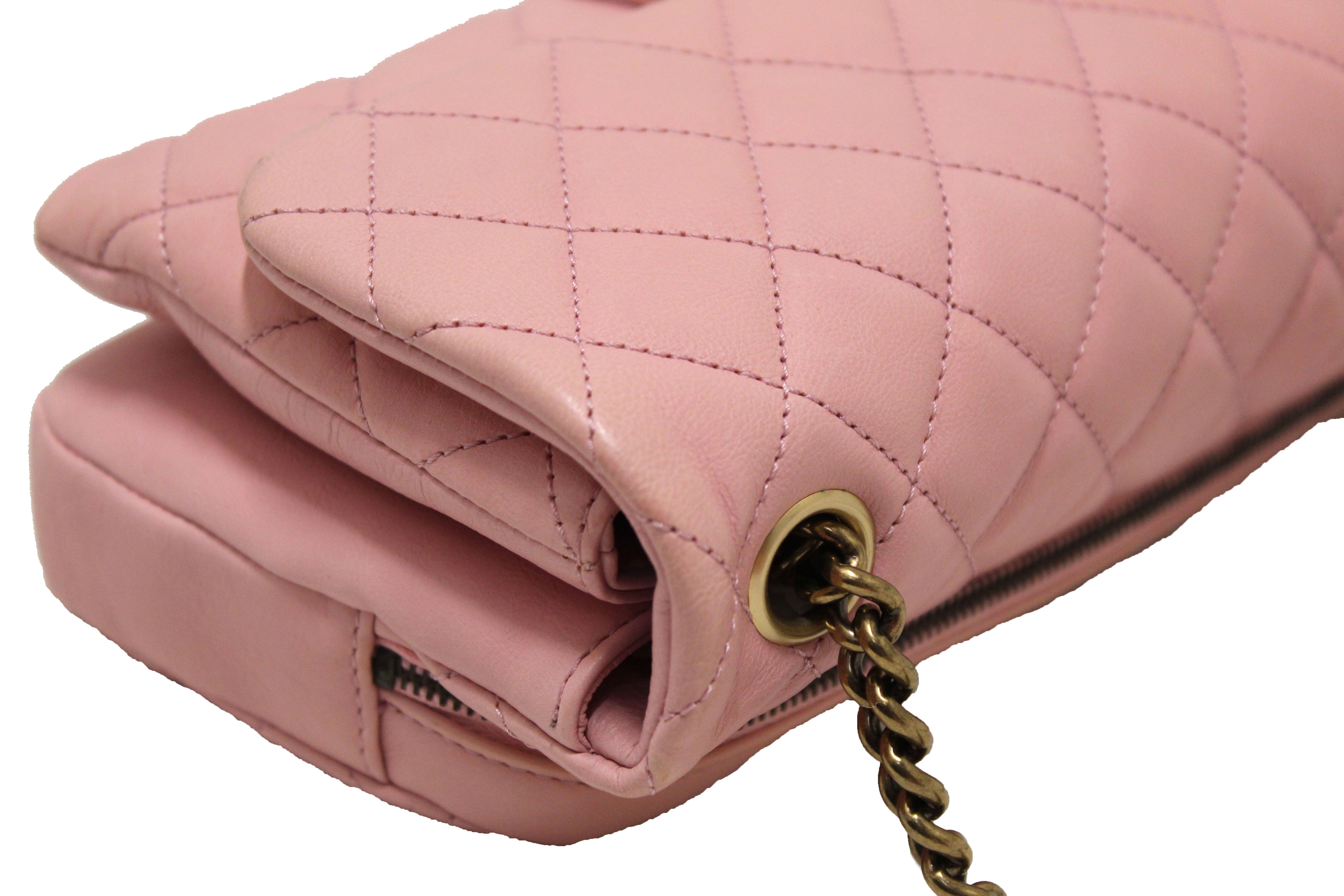 USED Chanel Pink Calfskin Leather Zipped Back Pocket Calfskin Flap