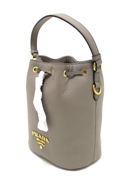 NEW Prada Grey Calf Leather Drawstring Bucket Messenger Bag