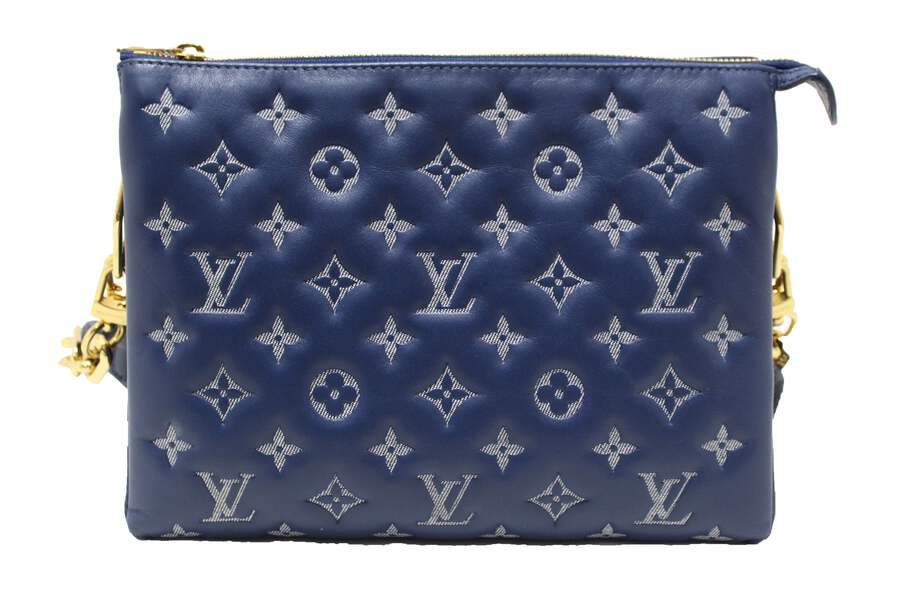 USED Louis Vuitton Denim Blue Lambskin Embossed Monogram Coussin