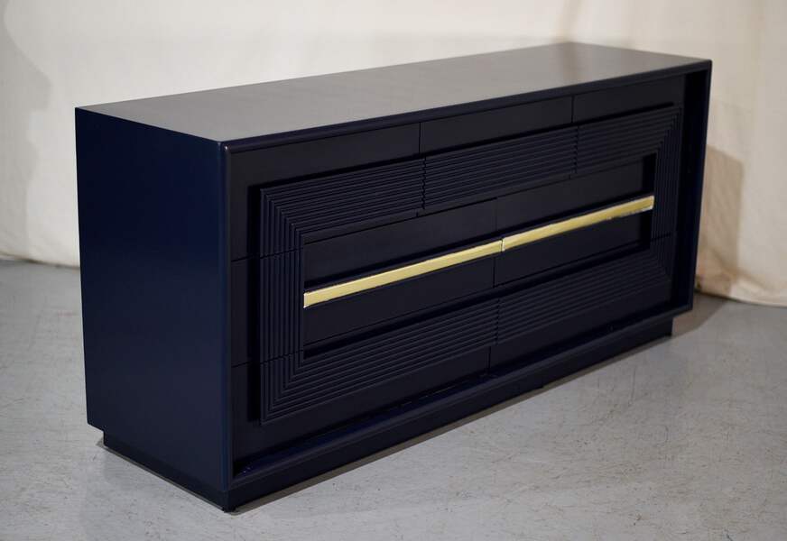 navy blue and gold dresser 1990s Royal Navy Blue Dresser in Gold Leaf