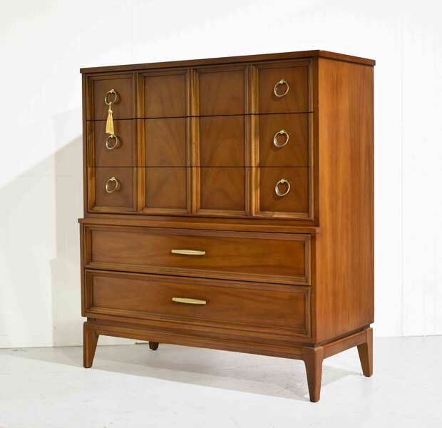 1960s Mid Century Modern Walnut Highboy Dresser by Dixie Furniture