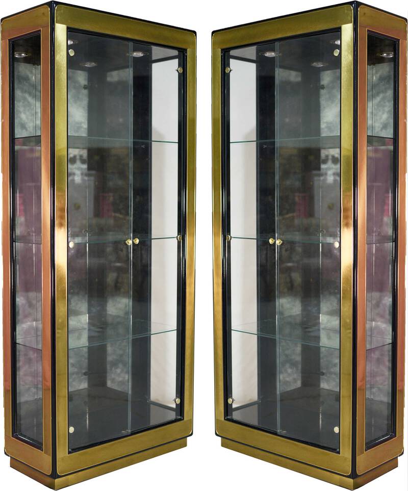 1970s Mirrored & Brass Curio Vitrine Display Cabinets by