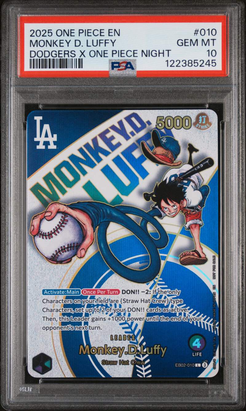 PSA 10 Monkey D. Luffy EB02-010 Dodgers x One Piece Night Promo