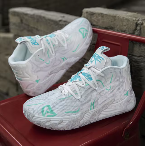 white and teal basketball shoes