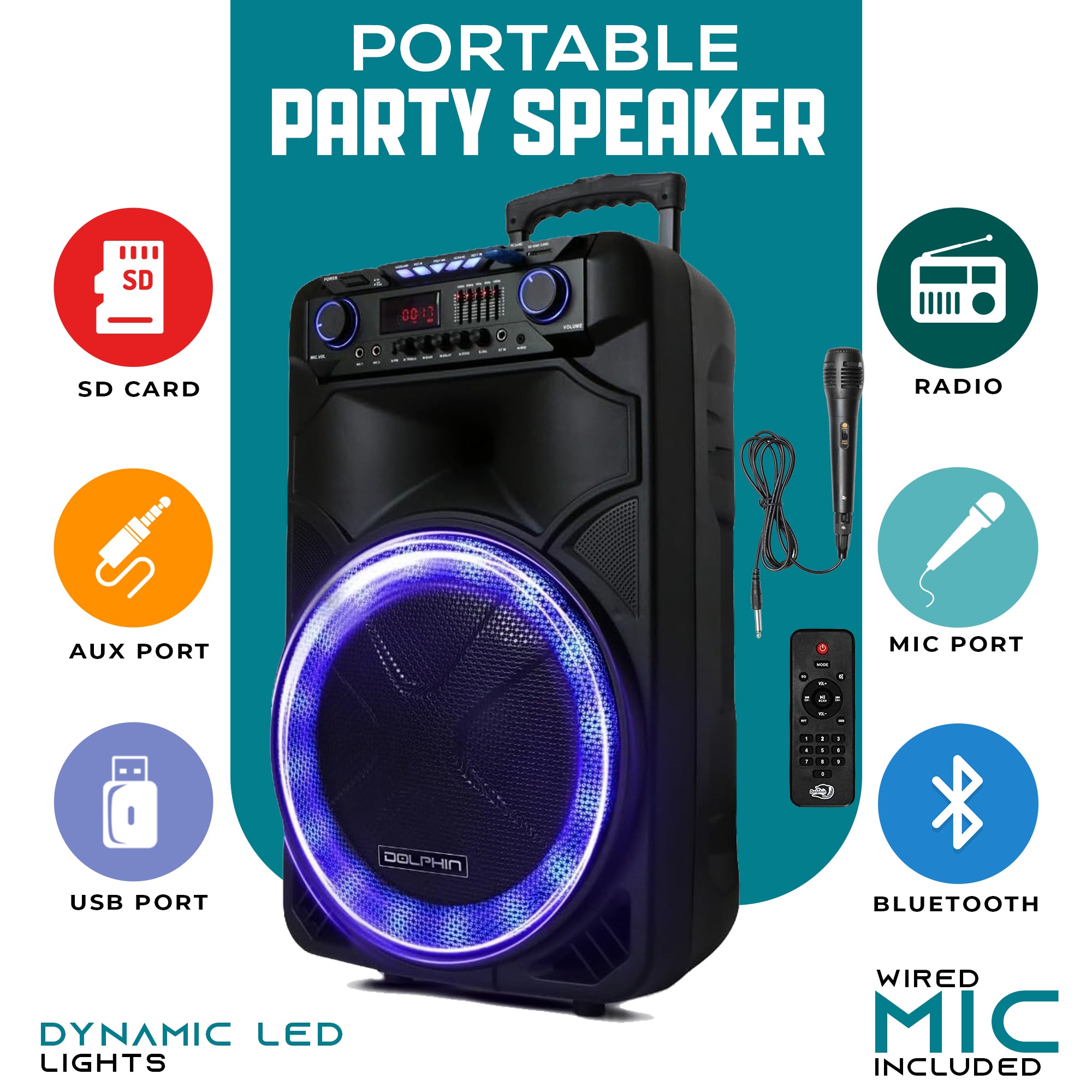 Dolphin Bluetooth Karaoke Speaker With Microphone - Portable PA System With Dynamic Lights