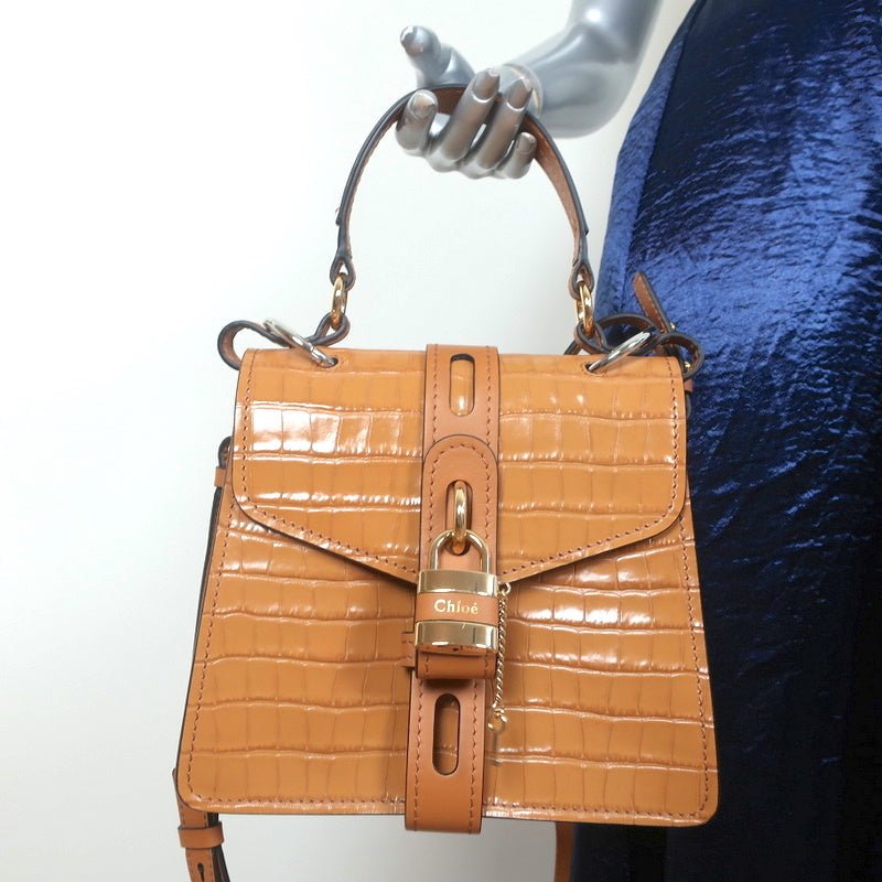Chloe Small Aby Day Bag Autumnal Brown Croc-Embossed Leather