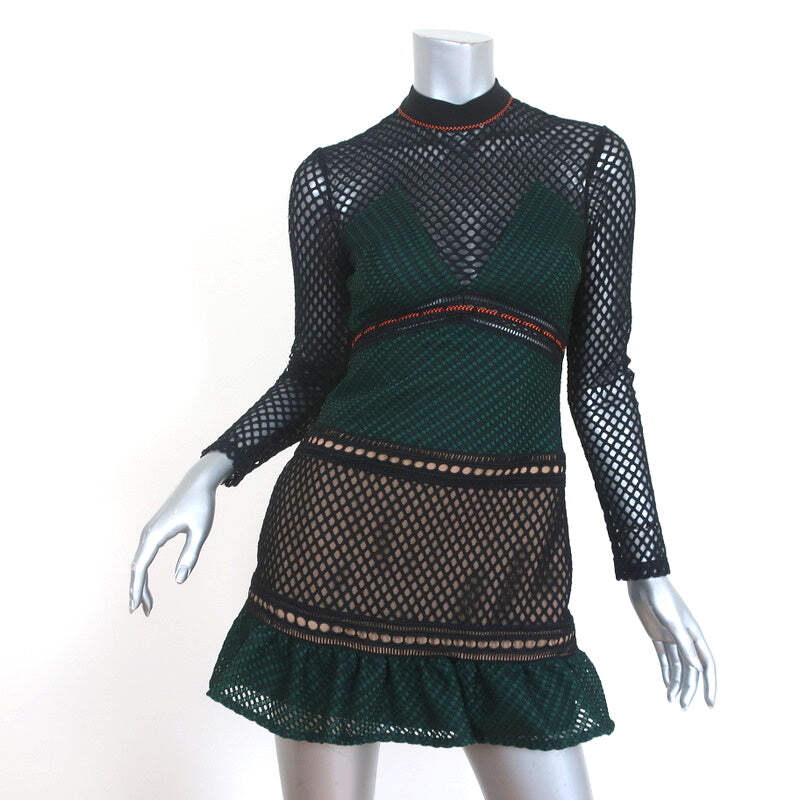 Self-Portrait Ruffled Hem Mini Dress Forest Green & Black Fishnet Size US 2 | eBay Self-Portrait Ruffled Hem Mini Dress Forest Green & Black Fishnet Size US 2 | eBay