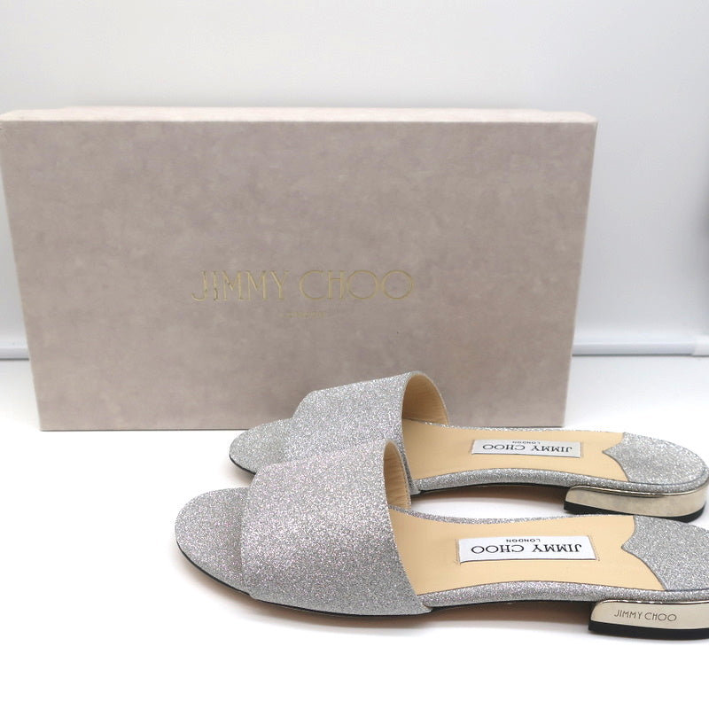 Jimmy Choo Joni Flat Slide Sandals Silver Glitter Size 37.5