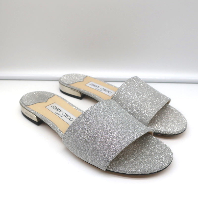 Jimmy★Choo(セールで早い者勝ち)オシャレJC/Flat/Silver Jimmy Choo Joni Flat Slide Sandals Silver Glitter Size 37.5