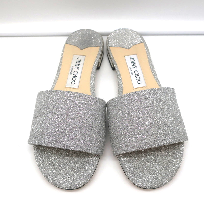 Jimmy Choo Joni Flat Slide Sandals Silver Glitter Size 37.5