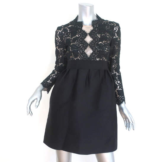 みに Stella McCartney Long Sleeve Mini Dress Black Lace & Raw Silk Size