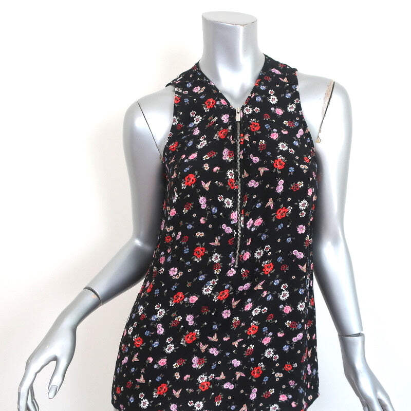 Ｒara様 The Kooples Half-Zip Tank Top Black Floral Print Silk Size Extra