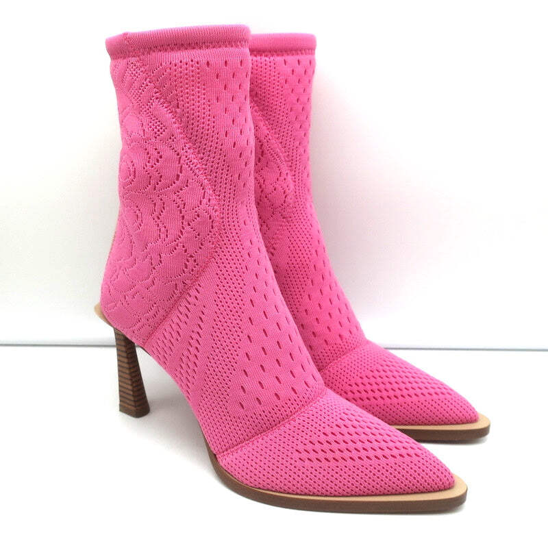 Fendi FFrame Jacquard Mesh Knit Ankle Boots Pink Size 36