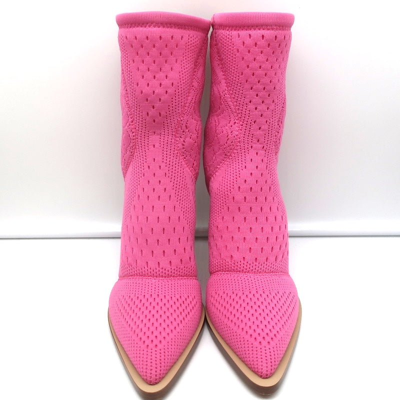Fendi FFrame Jacquard Mesh Knit Ankle Boots Pink Size 36