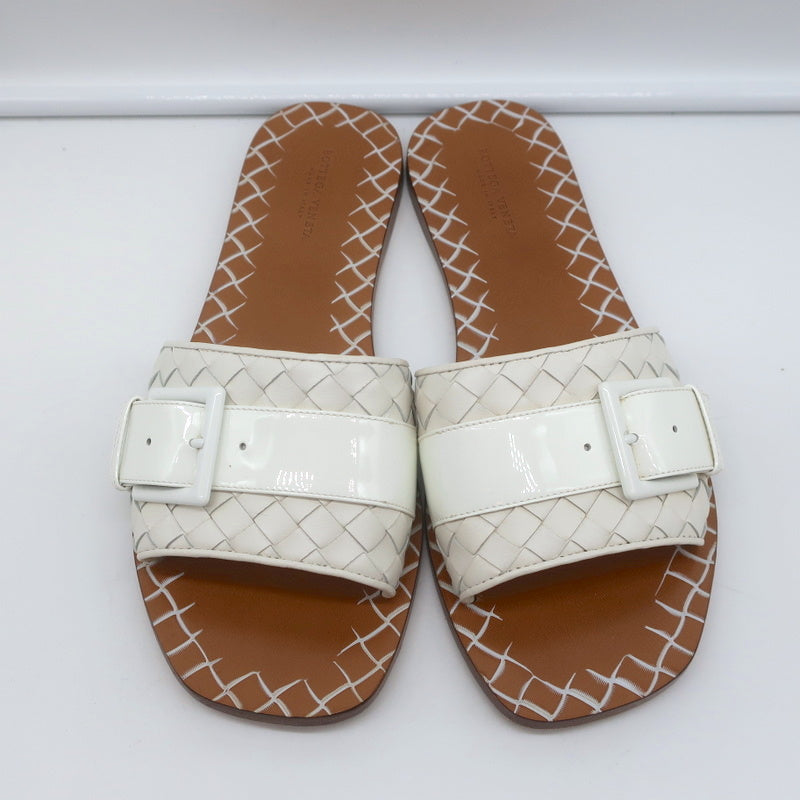 Bottega Veneta Ravello Buckle Slide Sandals White Intrecciato