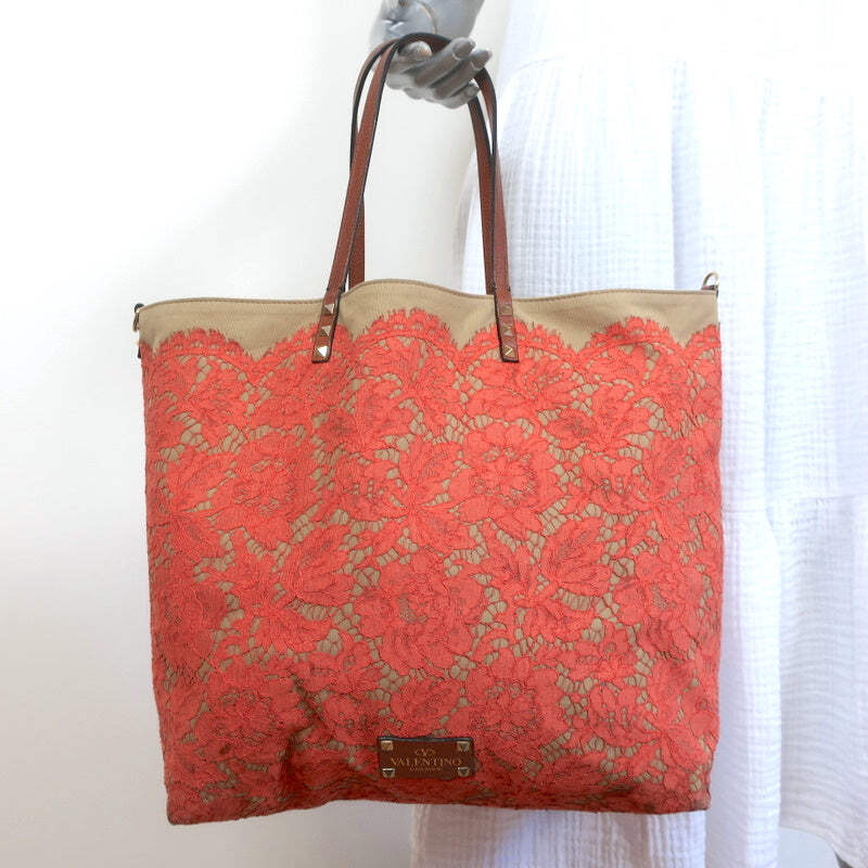 Valentino Glam Reversible Lace Tote Orange/Tan Large Crossbody