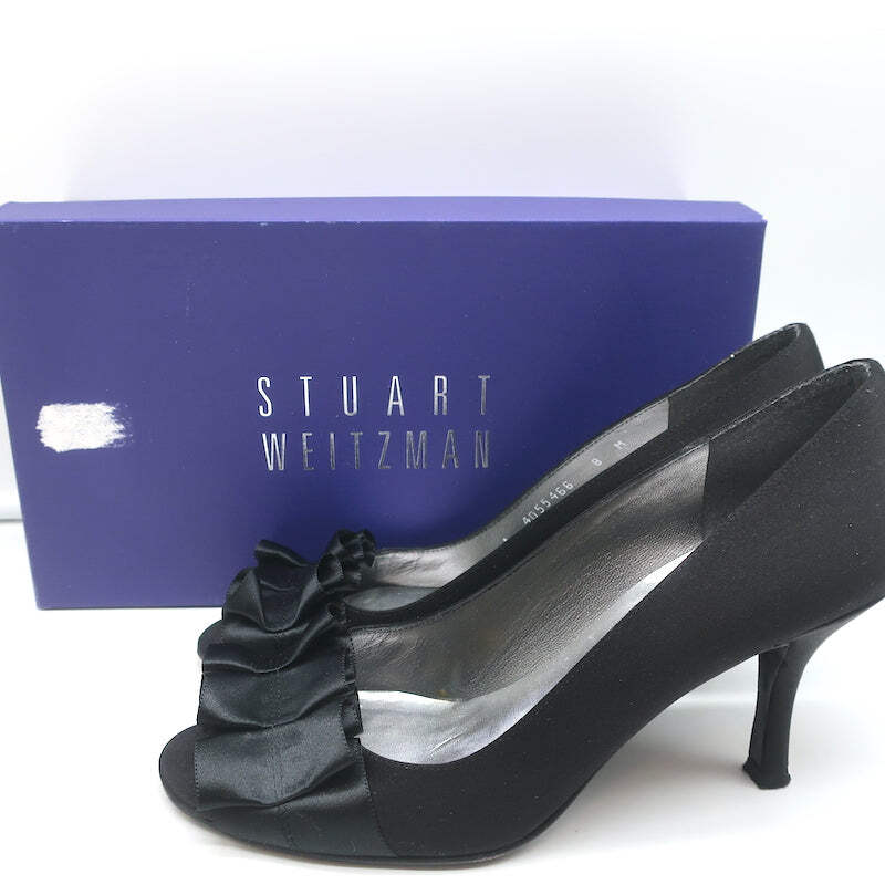 Stuart Weitzman Gigiritz Ruffle Pumps Black Satin Size 8 Open Toe