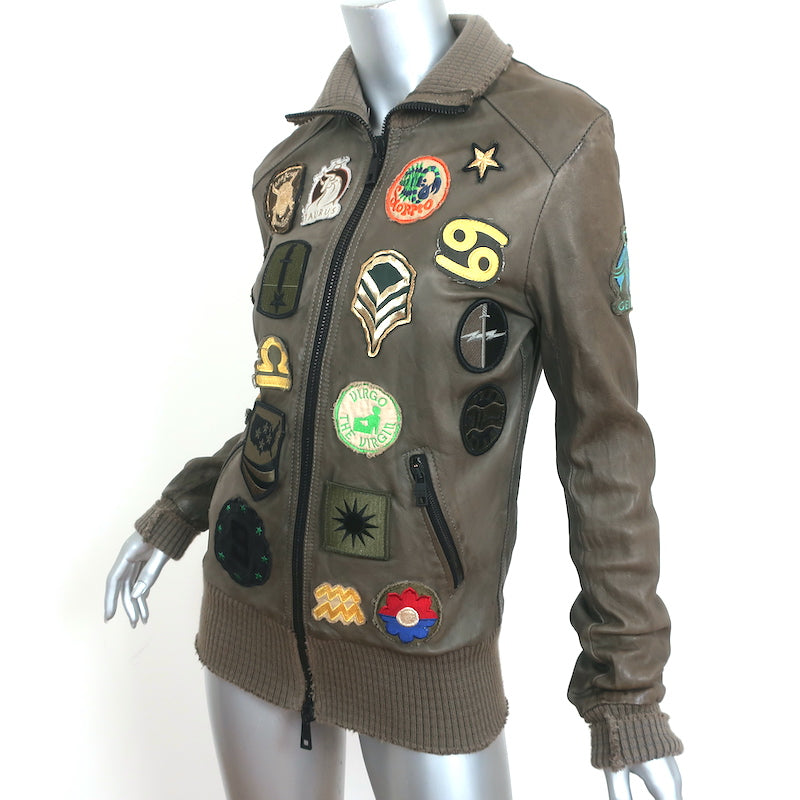 Giorgio Brato Zodiac Patch Leather Bomber Jacket Army Green Size