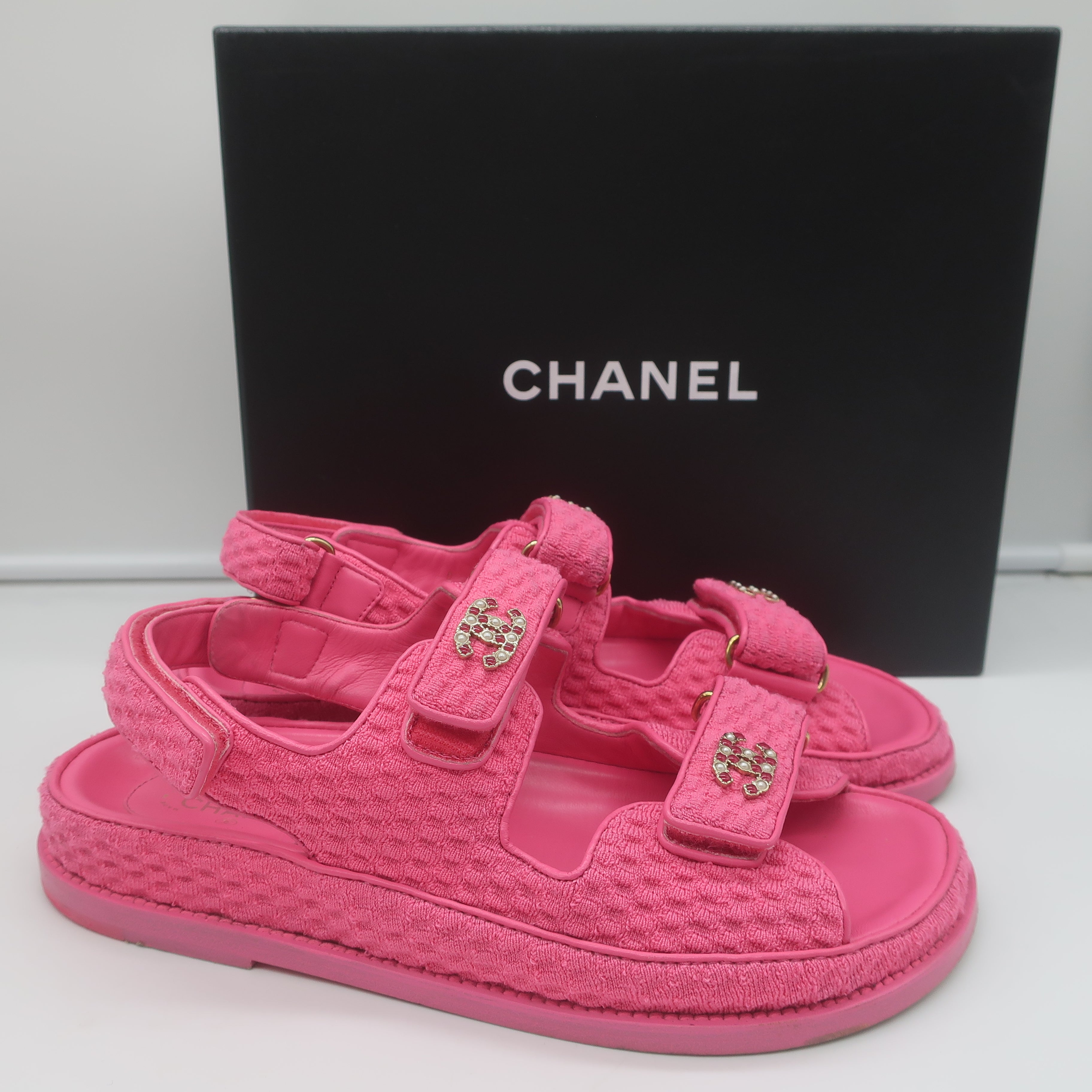 Chanel Knit Dad Sandals Pink Fabric Size 39.5 | eBay UK