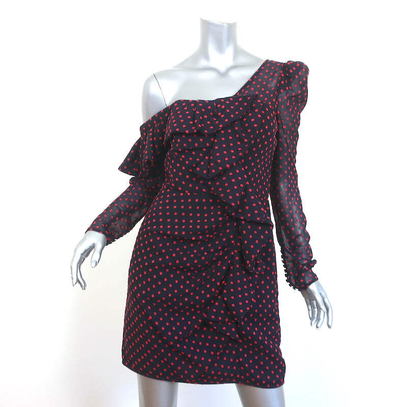 self portrait plumetis midi dress Self-Portrait Asymmetric Mini Dress Plumetis Navy/Red Dot Print Chiffon  Size 6