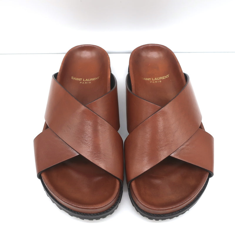 Saint Laurent Jimmy Crisscross Slides Brown Leather Size
