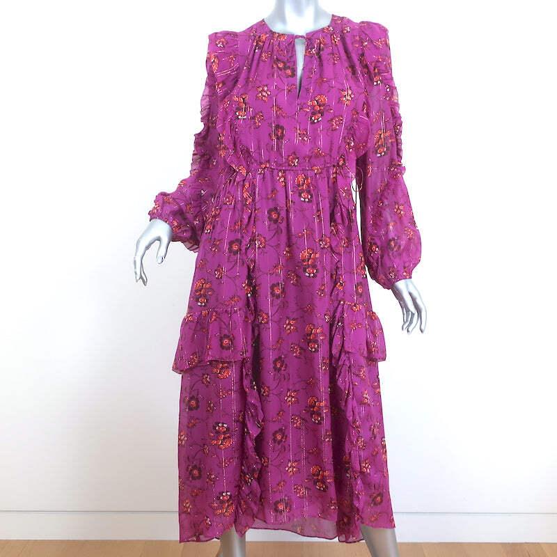 Ulla Johnson Midi Dress Ellette Magenta Ruffled Floral Print Georgette Size  2 | eBay