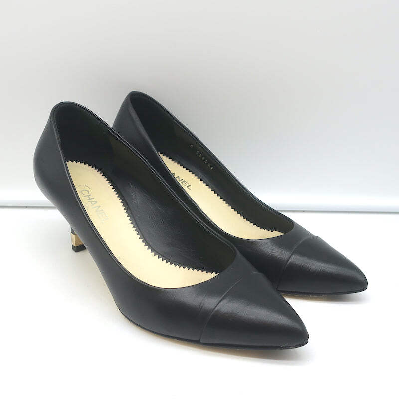 Chanel CC Gold-Tipped Heel Cap Toe Pumps Black Leather Size 37.5