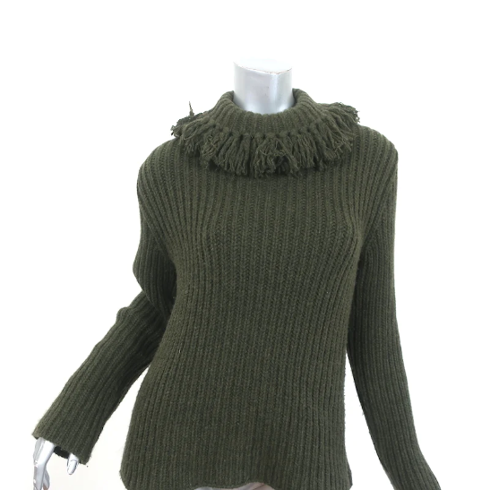 Bottega Veneta Cashmere Fringe Sweater Forest Green Ribbed Knit Size 40