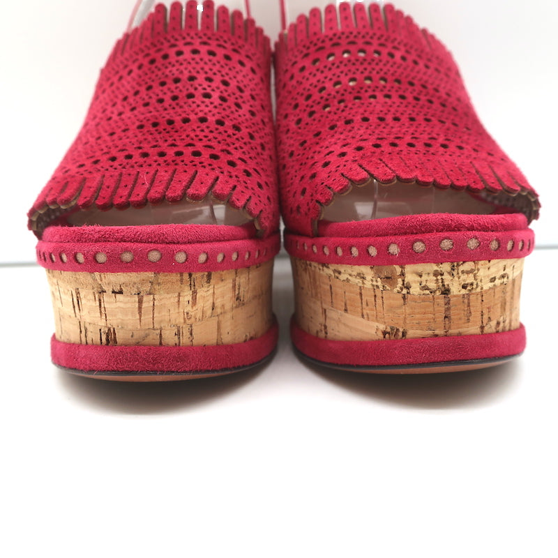 Alaia Cork Platform Wedge Sandals Red Laser Cut Suede Size
