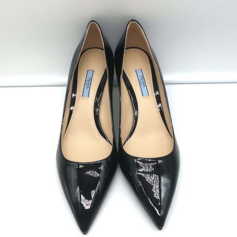 【本物新品保証】 Black Pumps Prada Patent Heels Toe Pointed 41 Size Leather 靴