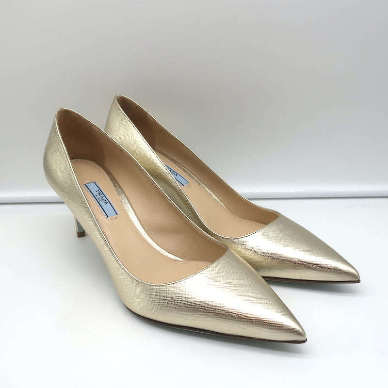 Prada Pumps Gold Metallic Saffiano Leather Size 41 Pointed