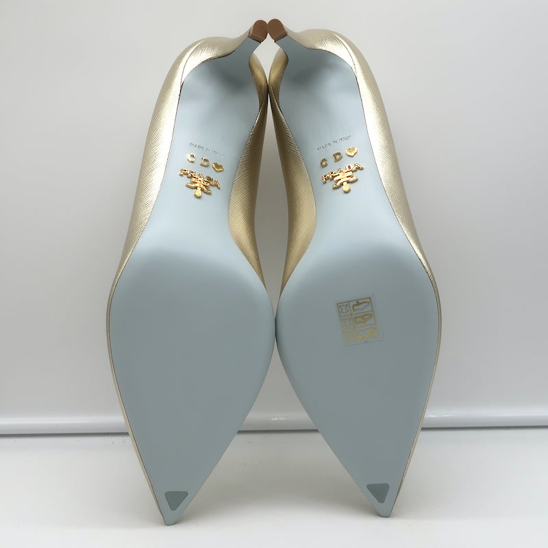 Prada Pumps Gold Metallic Saffiano Leather Size 41 Pointed