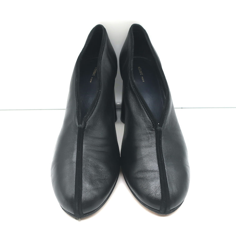 本当に信頼出来る商品 Celine Wood Heel Pumps Black Suede-Trimmed Leather Size 38.5 靴