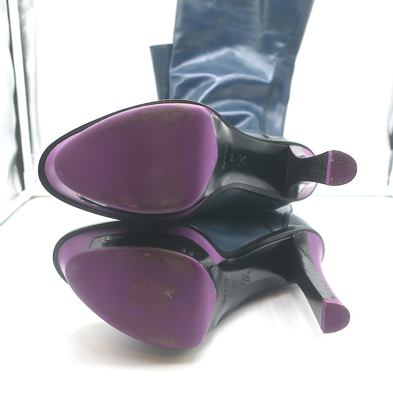 Louis Vuitton Lace-Up Thigh High Platform Boots Navy Leather Size