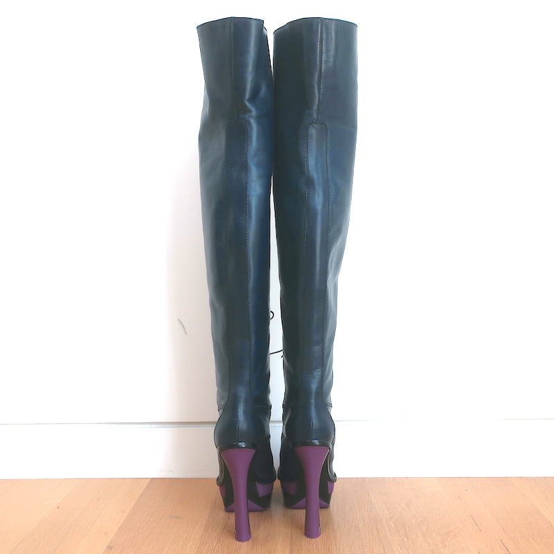 Louis Vuitton Lace-Up Thigh High Platform Boots Navy Leather Size