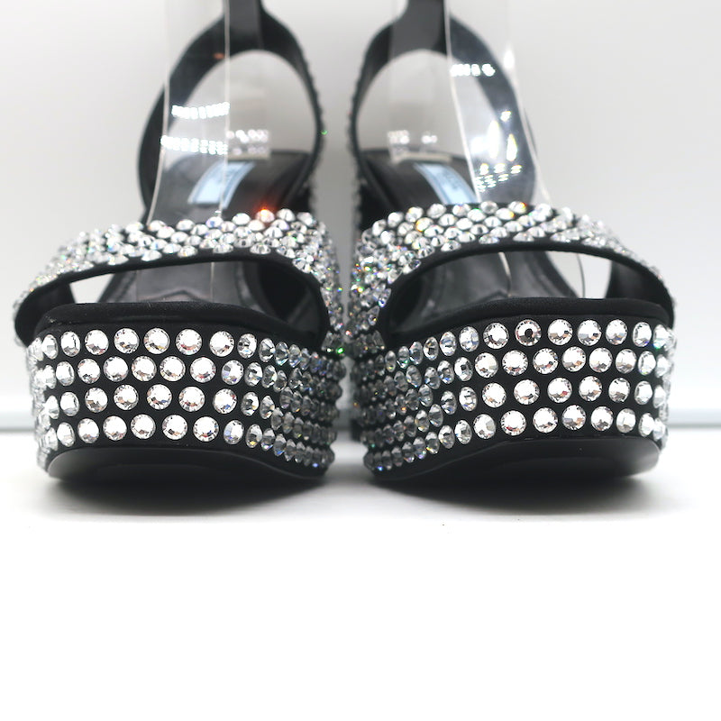 Prada Crystal-Embellished Platform Sandals Black Satin Size