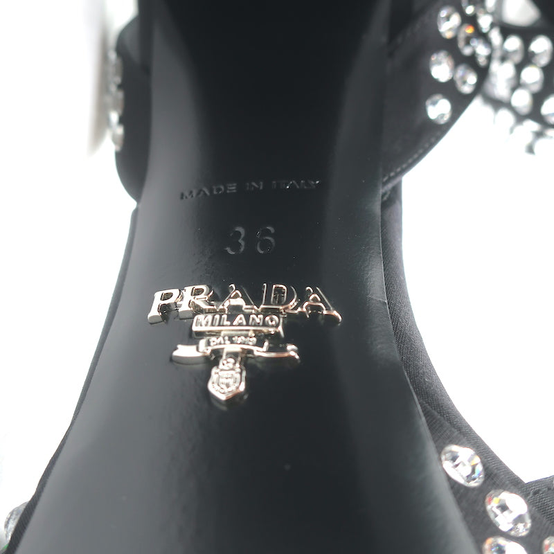 Prada Crystal-Embellished Platform Sandals Black Satin Size