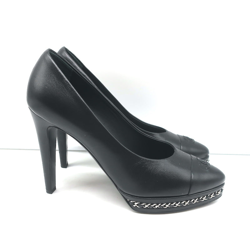 CHANEL ハイヒール Chanel 14B CC Cap Toe Chain Platform Pumps Black Leather Size 38.5
