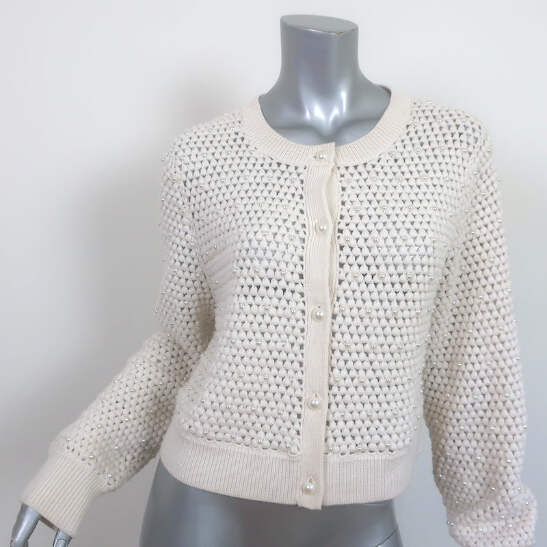 Alice + Olivia Faux Pearl Cardigan Kitty Ivory Crochet Wool Size