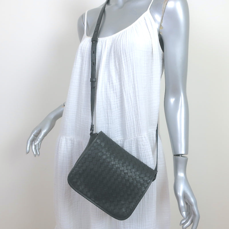 Bottega Veneta Woven Flap Small Crossbody Bag Charcoal