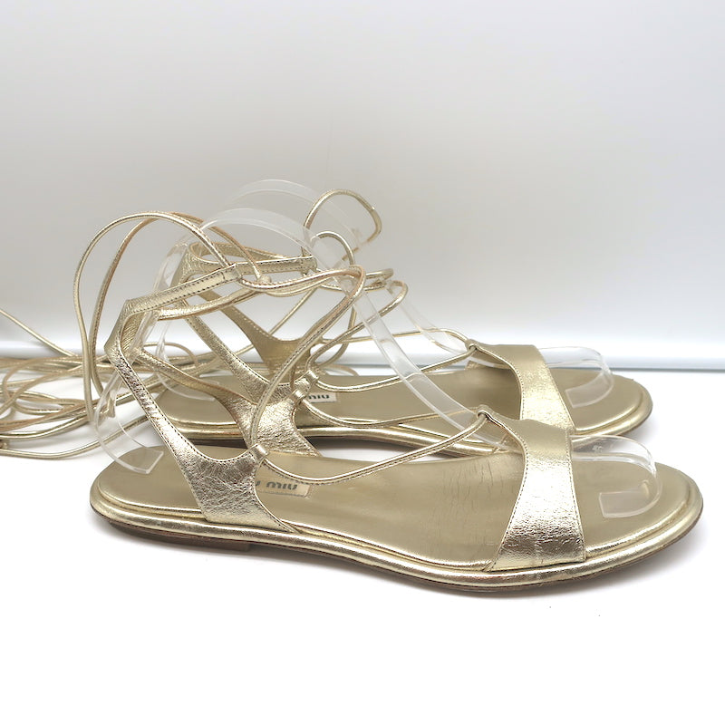 Miu Miu Ankle Wrap Flat Gladiator Sandals Gold Metallic Leather