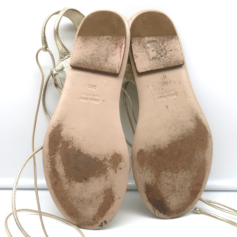 Miu Miu Ankle Wrap Flat Gladiator Sandals Gold Metallic Leather