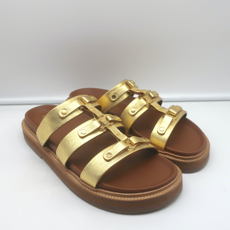 Celine Tippi Triomphe Slide Sandals Gold Metallic Leather