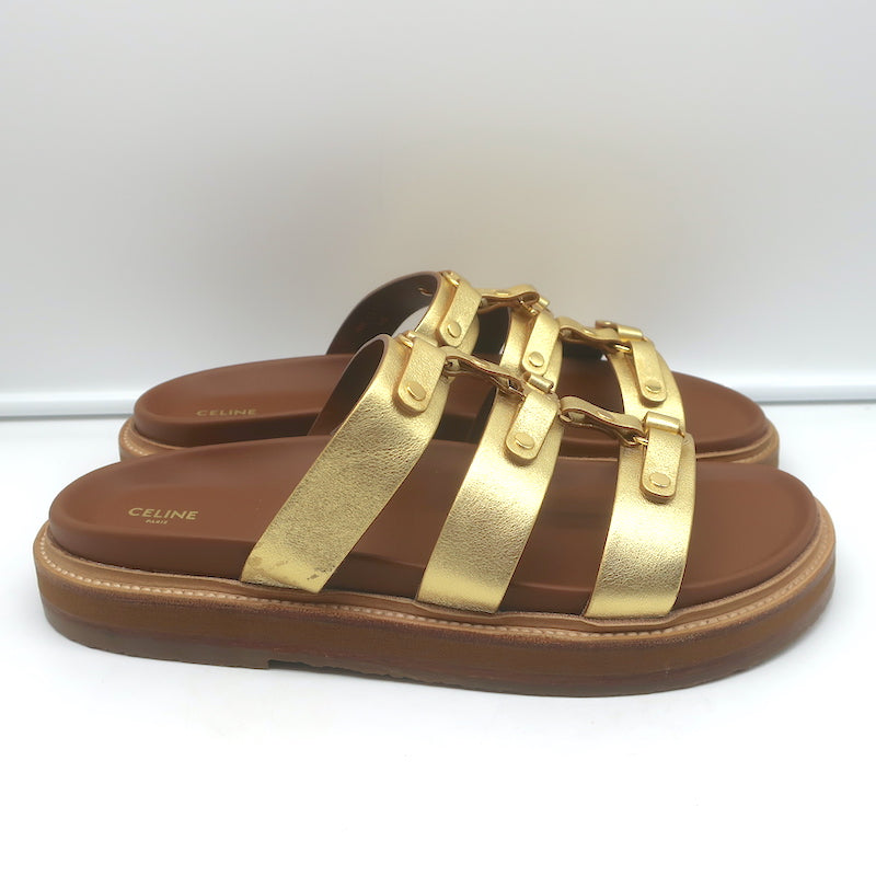 【セリーヌ・CELINE】SANDALS Celine Tippi Triomphe Slide Sandals Gold Metallic Leather