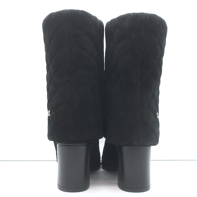 Chanel 17B Clover & Heart Quilted Fold-Over Boots Black Suede Size