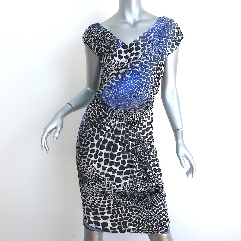 Roberto Cavalli Asymmetric Ruched Dress Black & Blue Animal