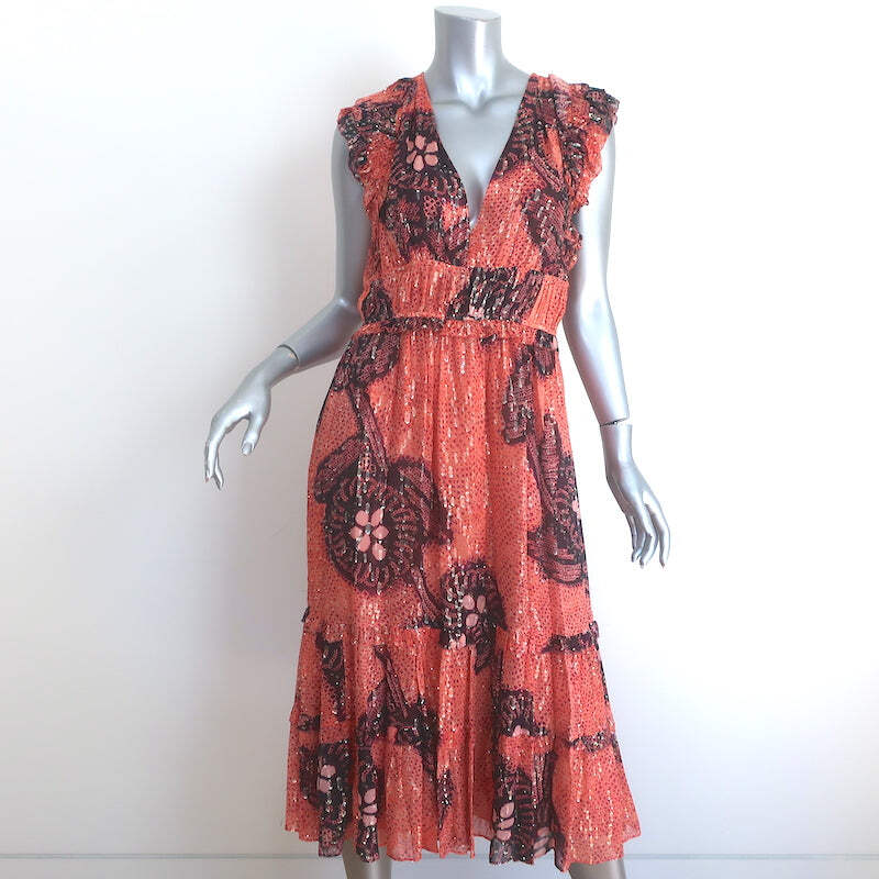 Ulla Johnson Akira Midi Dress Coral Metallic Printed Chiffon Size 8 | eBay